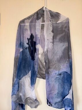 Romantic Watercolor Flower Print Sheer Blue & Gray Lightweight Shawl